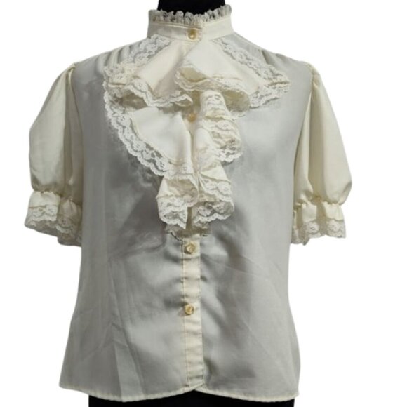 Vintage Brian Michele Puff Sleeve Ruffle Tuxedo Button Down Ivory Petite - Picture 9 of 13